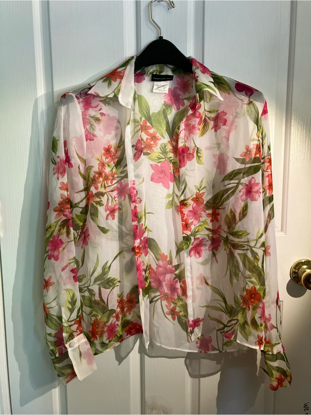 Carmen Marc Valvo Sheer Floral Button-Down in Pink & Green